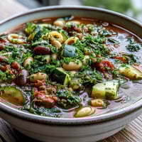 Hearty Minestrone Soup steaming in a rustic bowl, packed with beans, pasta, and colorful veggies. 