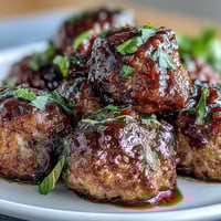 Slow cooker meatballs glisten in a sweet and tangy peach glaze, served over fluffy white rice.