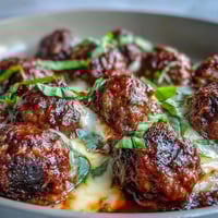 Steamy, cheesy Garlicky Meatballs With Marinara nestled in a skillet with melted mozzarella and fresh basil garnish.