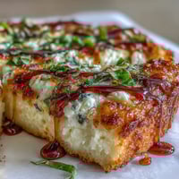 Freshly baked Hot Honey Ricotta Pizza with golden, fluffy crust, creamy ricotta, and bubbling mozzarella, finished with spicy honey drizzle and basil.