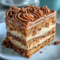 A close-up of a moist, crumbly Biscoff cake slice with creamy Lotus frosting, showcasing the crunchy cookie texture.