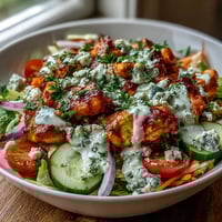 Golden-brown Buffalo Chicken Bowl with fluffy rice, crisp romaine, tomatoes, and carrots topped with creamy ranch and blue cheese.