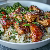 A vibrant honey garlic chicken bowl with tender glazed chicken, colorful steamed vegetables, and fluffy rice, topped with sesame seeds.