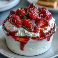 Creamy Greek yogurt topped with vibrant strawberry compote, drizzled with honey and garnished with fresh mint leaves.