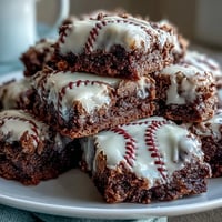 Baseball-themed brownie bites with white icing laces, perfect for game day or sports parties.  
