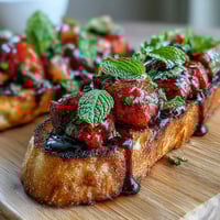 Fresh strawberry bruschetta with balsamic and mint, a vibrant summer appetizer with juicy fruit and tangy glaze on crisp baguette slices.