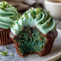 Festive green velvet cupcakes with rich cocoa flavor, topped with creamy, tangy cream cheese frosting for a perfect St. Patrick's Day dessert.