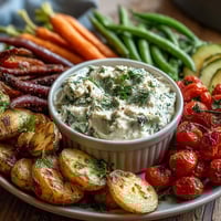Spring vegetable board with radishes, peas, and herb dip, arranged on a rustic wooden platter for a fresh appetizer.