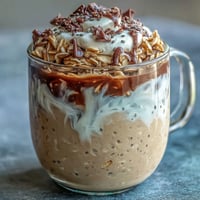 Creamy Vanilla Bean Frappuccino Overnight Oats in a jar with coffee swirls and whipped cream topping.