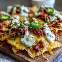 Game day nachos with cheese sauce, crispy tortilla chips smothered in rich, creamy cheddar blend and topped with fresh veggies.
