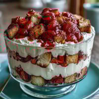 Layered strawberry shortcake trifle with fresh whipped cream and juicy berries in a glass bowl.