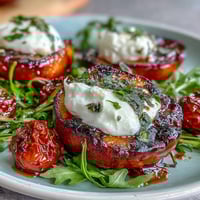 Grilled peach and burrata salad with arugula, balsamic glaze, and fresh basil on a white plate.