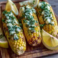 Close-up of Microwave Corn on the Cob with Garlic Butter, golden kernels glistening under a savory herb butter glaze.