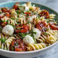 Vibrant summer pasta salad with cherry tomatoes, fresh mozzarella, and fragrant basil leaves in a light balsamic drizzle.