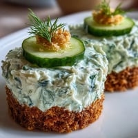 A platter of Derby Day Benedictine Cucumber Canapés, featuring creamy spread on crisp baguette rounds topped with fresh cucumber slices and dill.