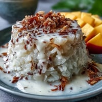 Creamy coconut sticky rice cups topped with fresh ripe mango slices and toasted sesame seeds.  
