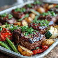 Juicy Father's Day Steak and Potato Sheet Pan Dinner with roasted vegetables.