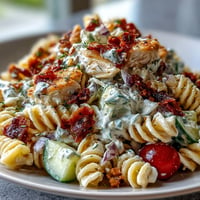Creamy Chicken Bacon Ranch Pasta Salad brimming with fresh ingredients and creamy dressing.