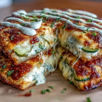 Golden Pickle Pizza with Ranch Drizzle, bubbling cheese, tangy pickles, creamy sauce.