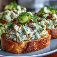 Spicy pickle chicken salad toasts with crispy sourdough, a zesty delight.