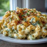 Creamy Dill Pickle Mac and Cheese with tangy pickles and fresh dill.