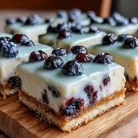 Bright no-bake lemon blueberry cheesecake bars with creamy swirls.