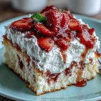 Sweet Strawberry Horchata Tres Leches Cake adorned with fresh whipped cream and berries.