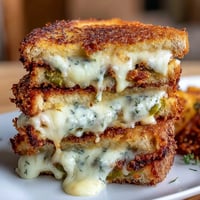 Golden fried pickle grilled cheese with melted cheddar and tangy crunch.