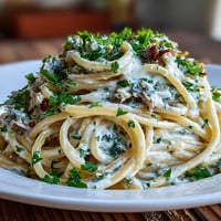 A vibrant bowl of Creamy Sardine Lemon Pasta with fresh parsley garnish.