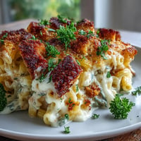 Golden-brown Crispy Chicken Caesar Pasta Bake with bubbly cheese and panko topping.