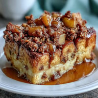 Golden baked Apple Pie Overnight French Toast casserole with streusel topping.